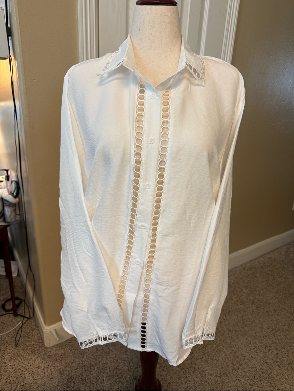 White Eyelet-Trim Button Down Shirt